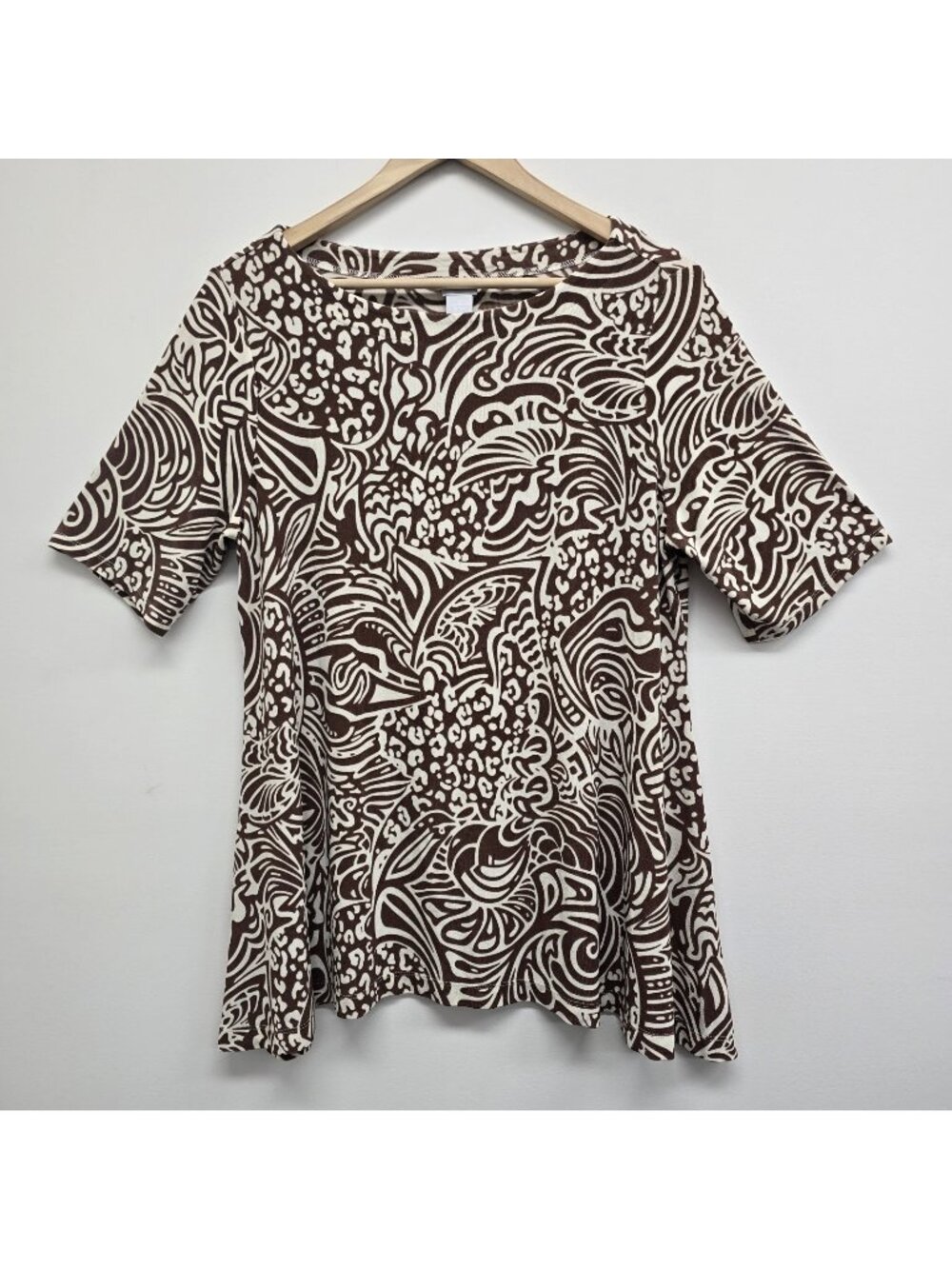 Chicos Slinky Knit Assymetrical Blouse Top Sz L 12/14 Mixed Media Animal Print